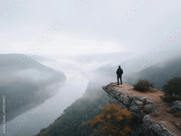 Fototapeta Stunning view from a cliff overlooking a river and misty valley in autumn at dawn