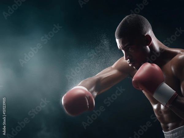 Fototapeta Strong boxer performs a powerful punch in an intense training session during a dark and smoky environment