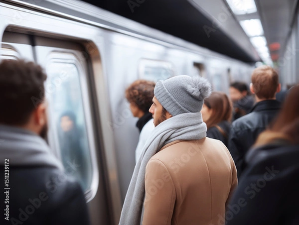 Fototapeta Busy subway station with commuters waiting for train during morning rush hour in a metropolitan city