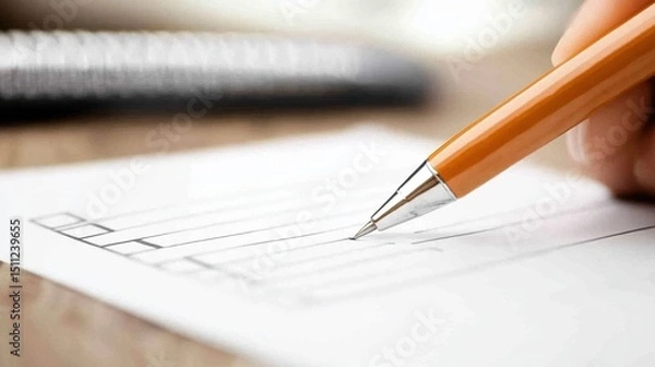 Fototapeta A close-up of a person writing on a paper checklist with an orange pen on a wooden table.