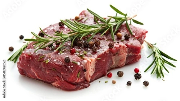 Obraz Raw beef steak with rosemary and peppercorns on white background.