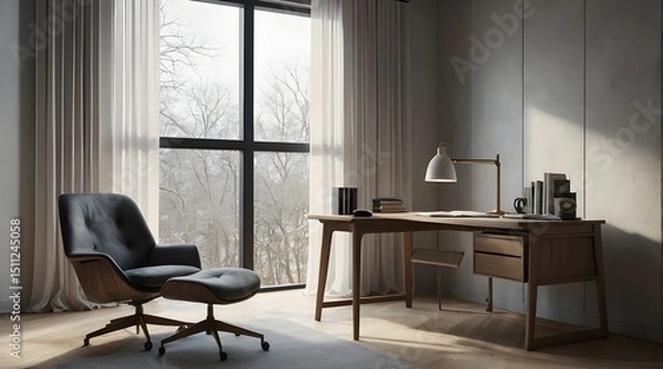 Fototapeta Modern interior design of a comfortable living and dining room with stylish furniture, including sofas, chairs, and tables, illuminated by natural light from a large window