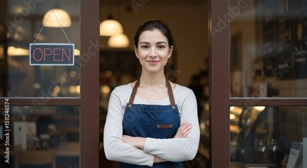 Fototapeta Smiling woman in doorway, shop open for business, interior is blurred background