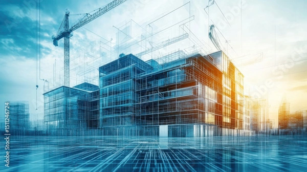 Fototapeta Construction of a Modern Office Building in Downtown City, Overlay of a future construction project with blueprints and diagrams.
