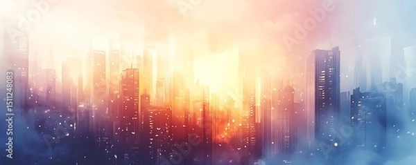Obraz Abstract Cityscape Of Skyscrapers At Sunrise With Warm Hues And Soft Lighting