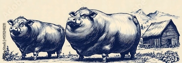 Obraz Two Fat Cows Grazing Beside a Wooden Farm House in a Rural Setting with White Background