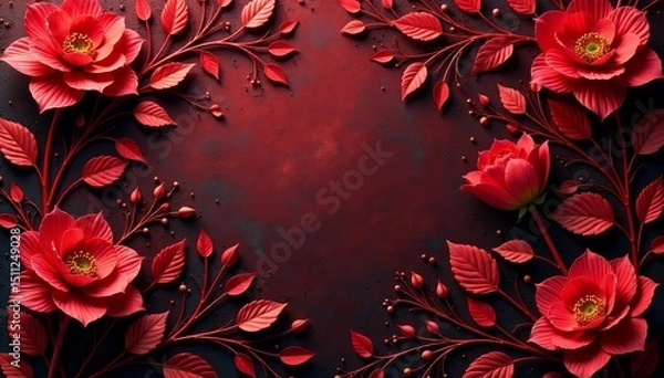 Fototapeta Ornate red floral patterns with curved stems and delicate leaves on a rich background , wallpaper, viktorian, abstract