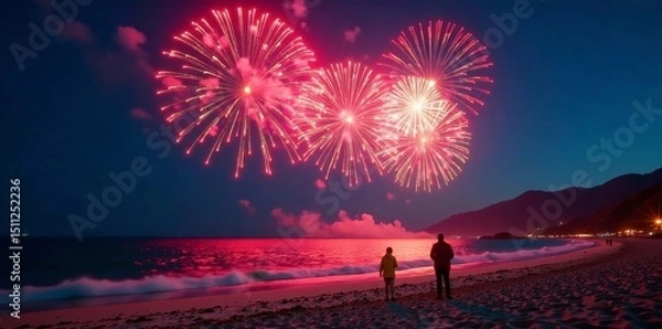 Fototapeta Vibrant fireworks explode in the night sky over a beach with blurred figures in the foreground, fireworks, sparkling, new year
