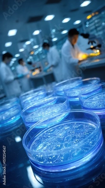 Fototapeta Petri dishes with blue gel in a laboratory setting, scientists working in the background