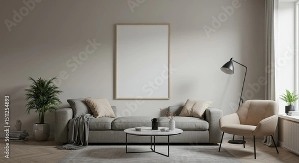 Fototapeta Realistic Interior of a Modern Living Room with Gray Couch