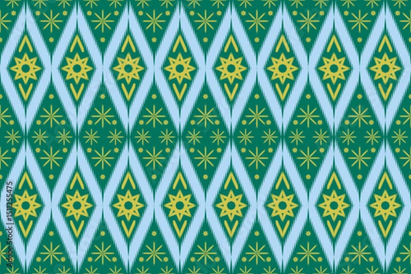 Fototapeta Seamless ethnic geometric pattern with star and diamond shapes in green, yellow, and light blue. Traditional decorative design inspired by textile or fabric motifs. Ideal for backgrounds, wallpapers, 