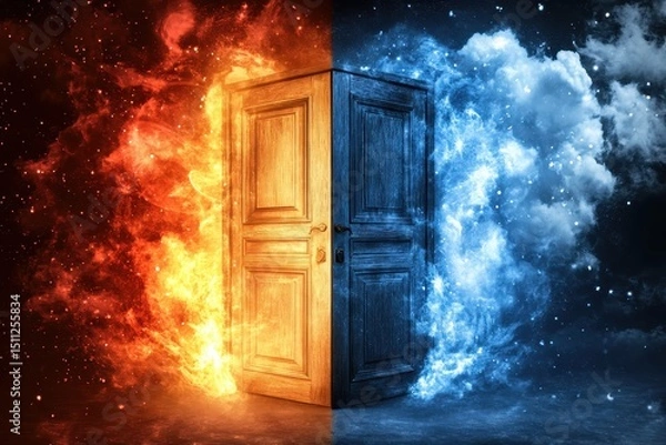 Fototapeta A wooden door, bisected by fire and ice, stands amidst a cosmic backdrop of swirling nebulae and stars