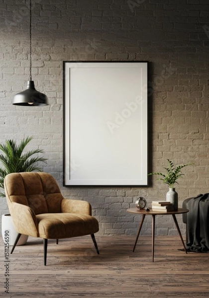 Obraz Realistic Interior Room Design with Brown Chair and Blank Frame