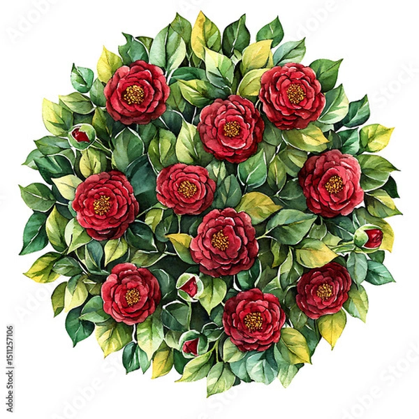 Obraz Watercolor Illustration of a Circular Arrangement of Lush Red Roses and Green Leaves with Delicate Bud Details against a White Background