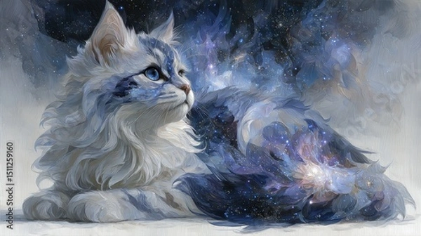 Fototapeta A fluffy cat with a cosmic tail, blending into a starry night sky