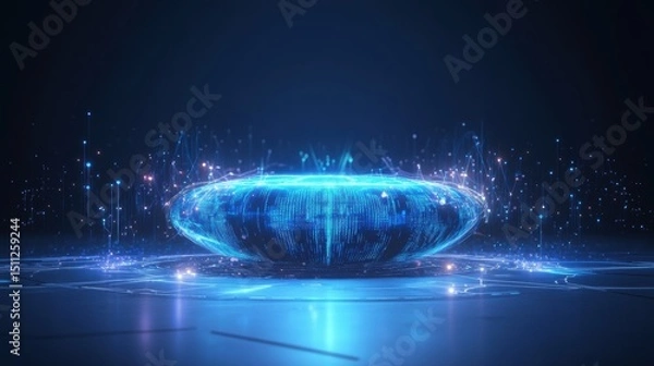Fototapeta A futuristic, glowing blue orb surrounded by radiant light and energy particles in a dark setting.