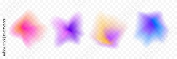 Fototapeta Abstract blurry gradient splash shape set. Amorphous colored liquid blob gradation collection. Y2K blur smooth aura pack. Bright iridescent drop bundle for collage, badge, sticker, label. Vector