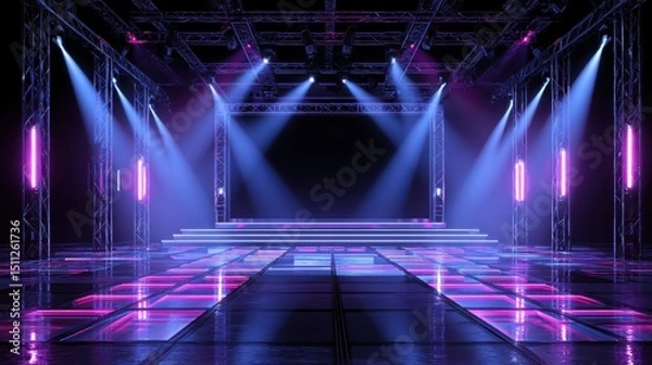 Fototapeta Empty stage with vibrant lighting and reflective floor, set for a performance or event.