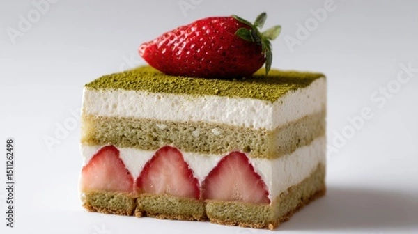 Fototapeta Matcha Strawberry Cake: A Square Dessert with Green Tea Sponge and Cream Layers Topped with a Fresh Strawberry