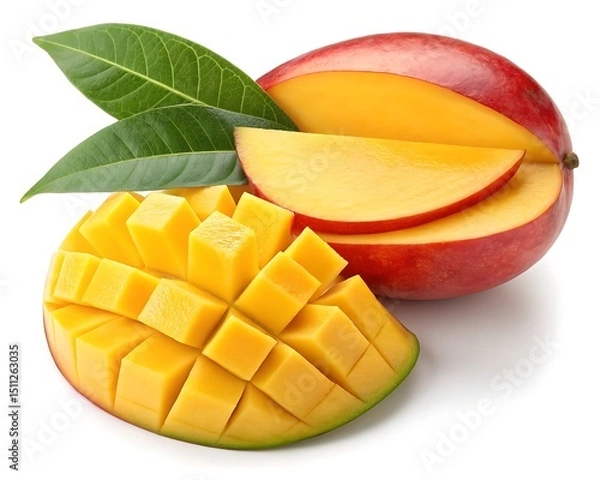 Fototapeta Fresh juicy mango sliced with Samar technique, close-up tropical cubes, healthy fruit snack with leaf garnish