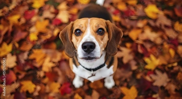 Obraz Beagle dog portrait in autumn leaves cute dog looking up