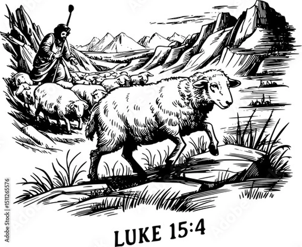 Obraz Sheep Stepping Over Thorns Guided by Shepherd – Luke 15:4 Bible Verse Illustration – Pen and Ink Detailed Drawing of Lost Sheep Returning to Flock – Monochrome Charcoal Style on Warm Ivory Background