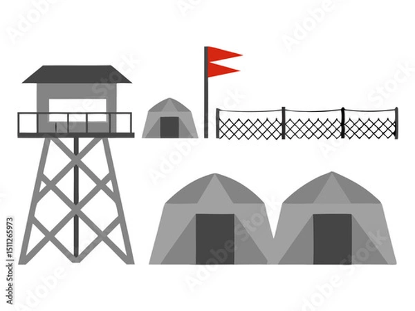 Obraz military camp with guard tower, fences, and tents, stylized clean vector on white
