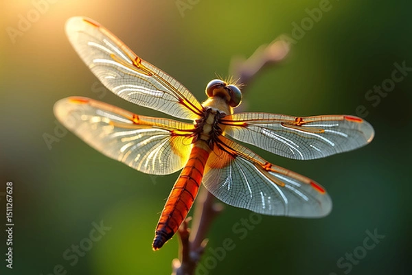 Fototapeta Dragonfly. Close-up capturing the intricate, glass-like structure of dragonfly wings, with sunlight refracting through their delicate membranes , natural engineering behind flight. AI-generated