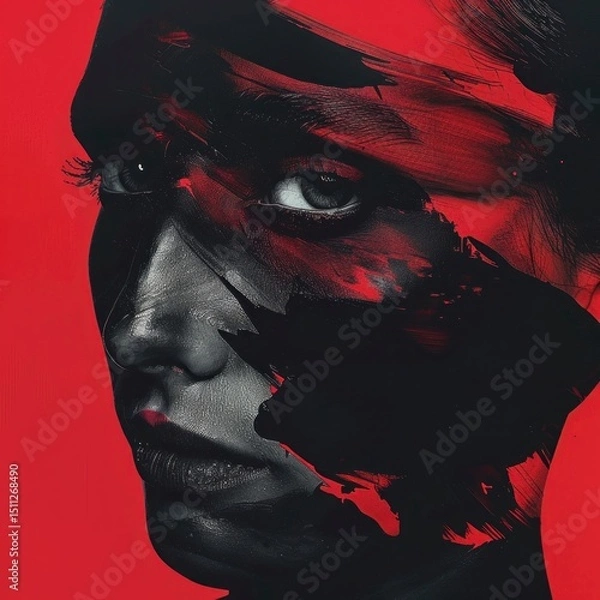 Obraz Abstract Female Portrait Red and Black Paint Artistic Makeup Dramatic Expression