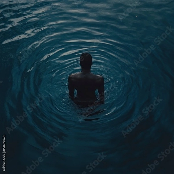 Fototapeta Solitary Man Submerged in Dark Water Mysterious Aquatic Scene Back View