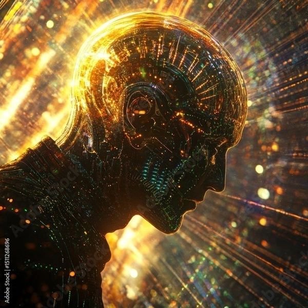 Fototapeta Futuristic AI Digital Human Head Glowing Circuitry Abstract Concept Art