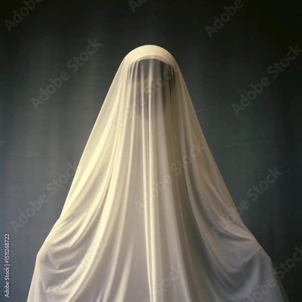 Fototapeta Mysterious Figure Shrouded in White Sheer Fabric Enigma Ghostly Ethereal