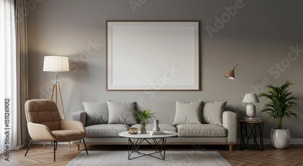 Fototapeta Realistic Living Room Interior with Gray Sofa and Minimalist Design