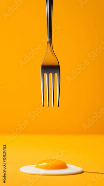 Fototapeta Shiny fork hovering above fresh fried egg on orange background.