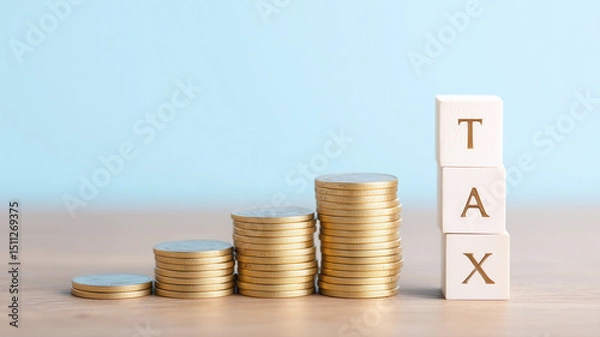 Fototapeta Stack of coins increasing height next to wooden blocks of tax box.