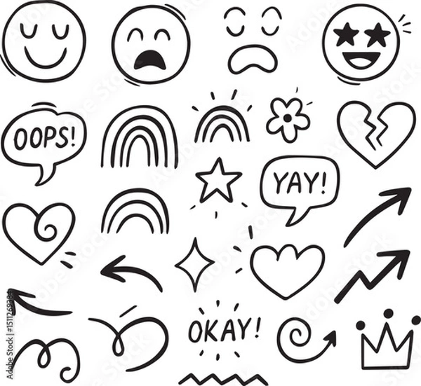 Fototapeta Smile brush hand drawn vector element set. Emoji fun face, heart, crown symbol crayon texture marker background kid sketch style hand drawn element. Color smiley face, arrow. Vector