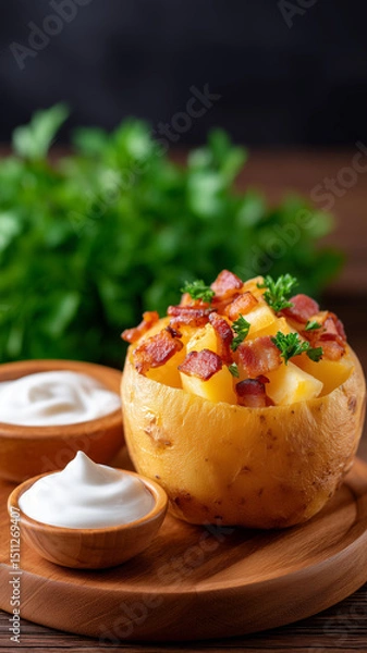 Fototapeta Steaming hot baked potato stuffed with crispy bacon.