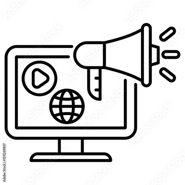 Fototapeta Vector of a monitor with megaphone in linear style suitable for digital marketing icon