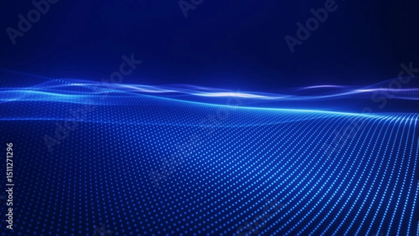 Fototapeta Glowing blue wave surface formed by digital dots, futuristic 3D grid texture