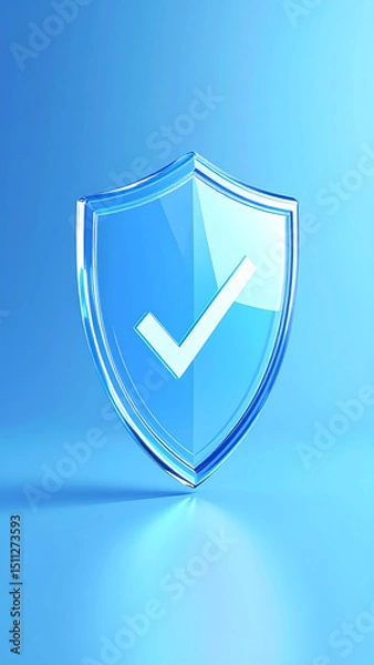 Fototapeta A transparent shield with a check mark, symbolizing security and protection, set against a blue background