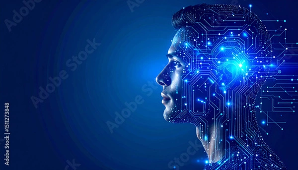 Fototapeta A futuristic depiction of a human face integrated with digital circuits, symbolizing the fusion of technology and humanity