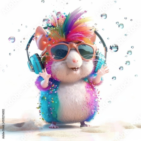 Obraz A music-loving hamster with vivid hair celebrates rest, wellness, and emotional harmony through dance.