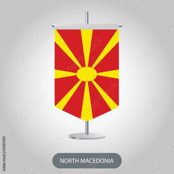 Fototapeta North Macedonia vertical table flag on light grey background. North Macedonia vertical desk flag isolated on grey background	
