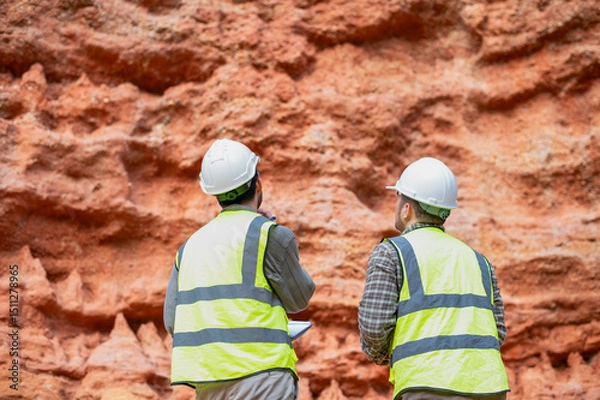 Fototapeta Expert geologists are working together to examine minerals in different layers of rock on a mountain.