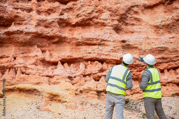 Fototapeta Expert geologists are analyzing layers of rocks that have been deposited for a long time to learn about past organisms and plants.
