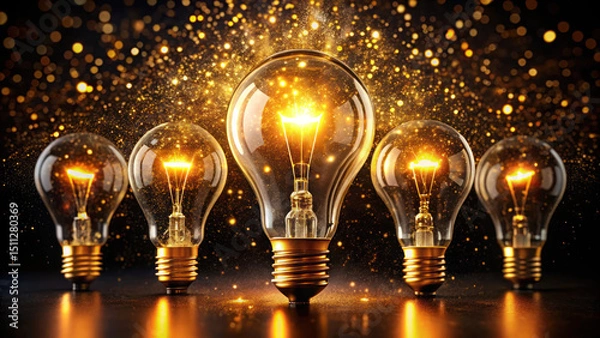 Fototapeta Glowing yellow light bulbs with sparkles on black background – high-quality image

