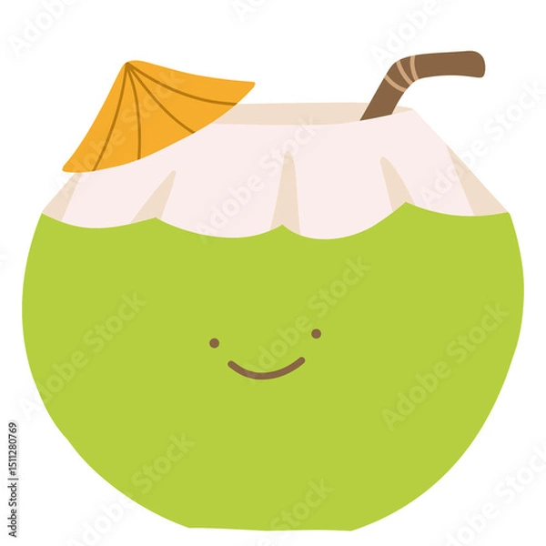 Obraz Cute Green Coconut Drink Flat Vector – Tropical Refreshment with Straw and Umbrella