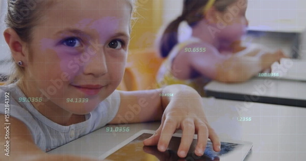 Fototapeta Image of data processing over caucasian school children with tablets
