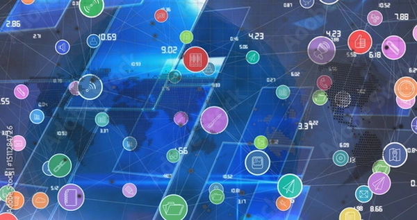 Fototapeta Image of network of connections with icons over globe