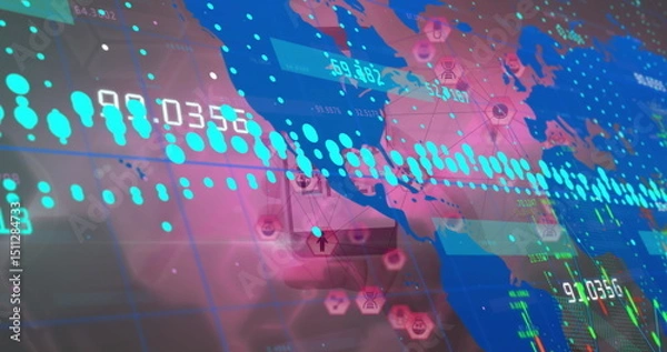 Obraz Image of interface with data processing and globe of digital icons over hand holding smartphone